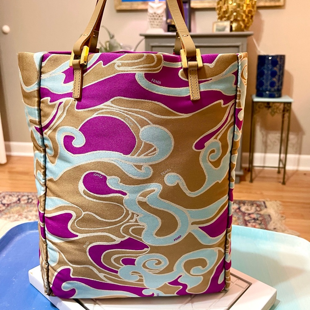 Fendi Silk Blue Purple & Tan Pucci Print Shopping Tote Bag